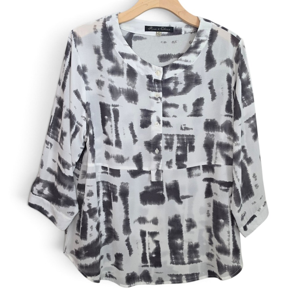 Rose & Olive Blouse Womens Plus 1X White Gray Abstract Sheer Chiffon Top Career